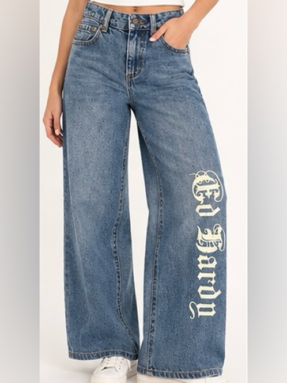 Ed Hardy Denim Wide Leg Jeans 24 Born Free Tattoo Graphic Y2K Buckle Back